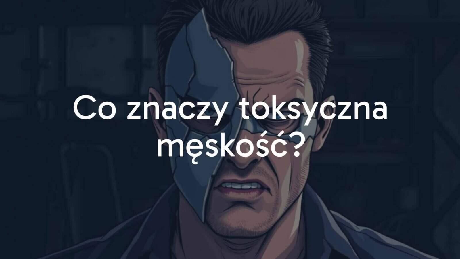 A fragmented male figure half-covered in a shattered mask with angry and stoic expressions, dark industrial background, emotional turmoil, conceptual illustration.