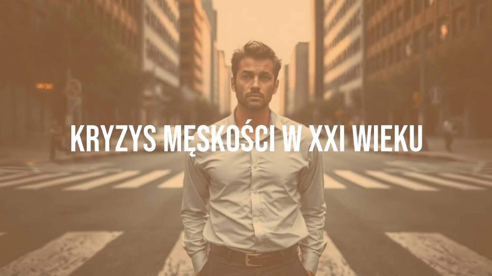 A modern man standing at a crossroads, looking confused, urban background, shadows representing societal expectations, muted colors, realistic.