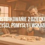 Father and child working together on a wooden craft project in a cozy workshop, smiling, tools and wood pieces on the table, warm and inviting lighting, realistic.