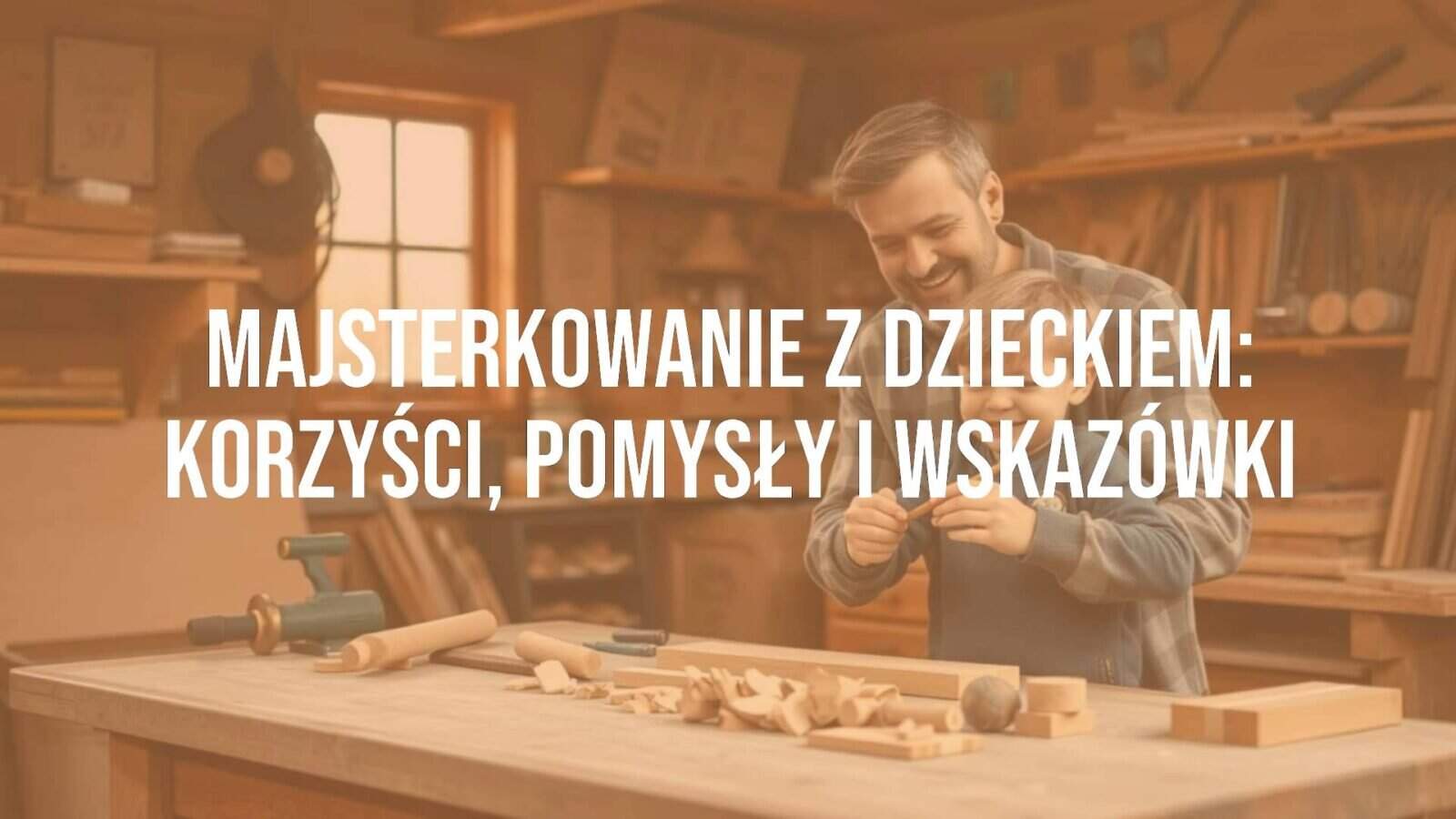 Father and child working together on a wooden craft project in a cozy workshop, smiling, tools and wood pieces on the table, warm and inviting lighting, realistic.