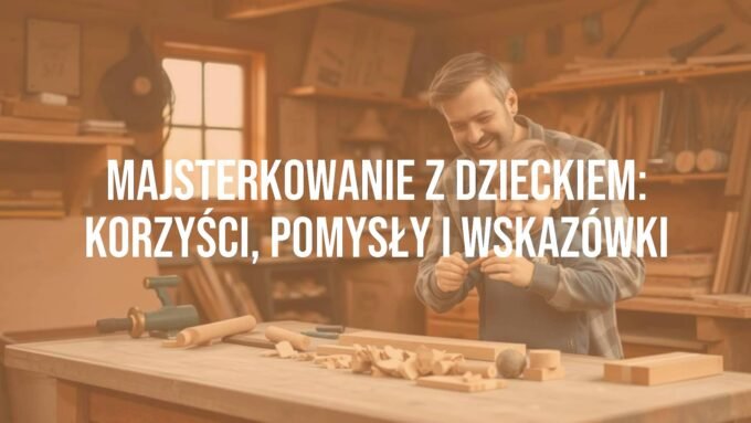 Father and child working together on a wooden craft project in a cozy workshop, smiling, tools and wood pieces on the table, warm and inviting lighting, realistic.