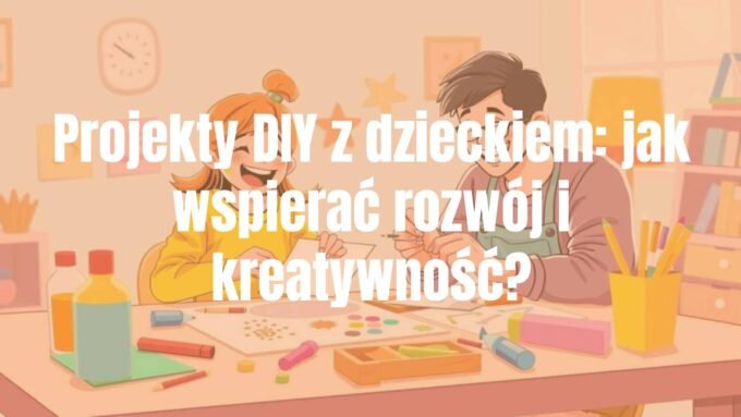 Happy child and parent crafting together, colorful DIY project, crafting table with materials like paper, glue, and paint, warm and inviting lighting, bright and joyful atmosphere, illustrative style.