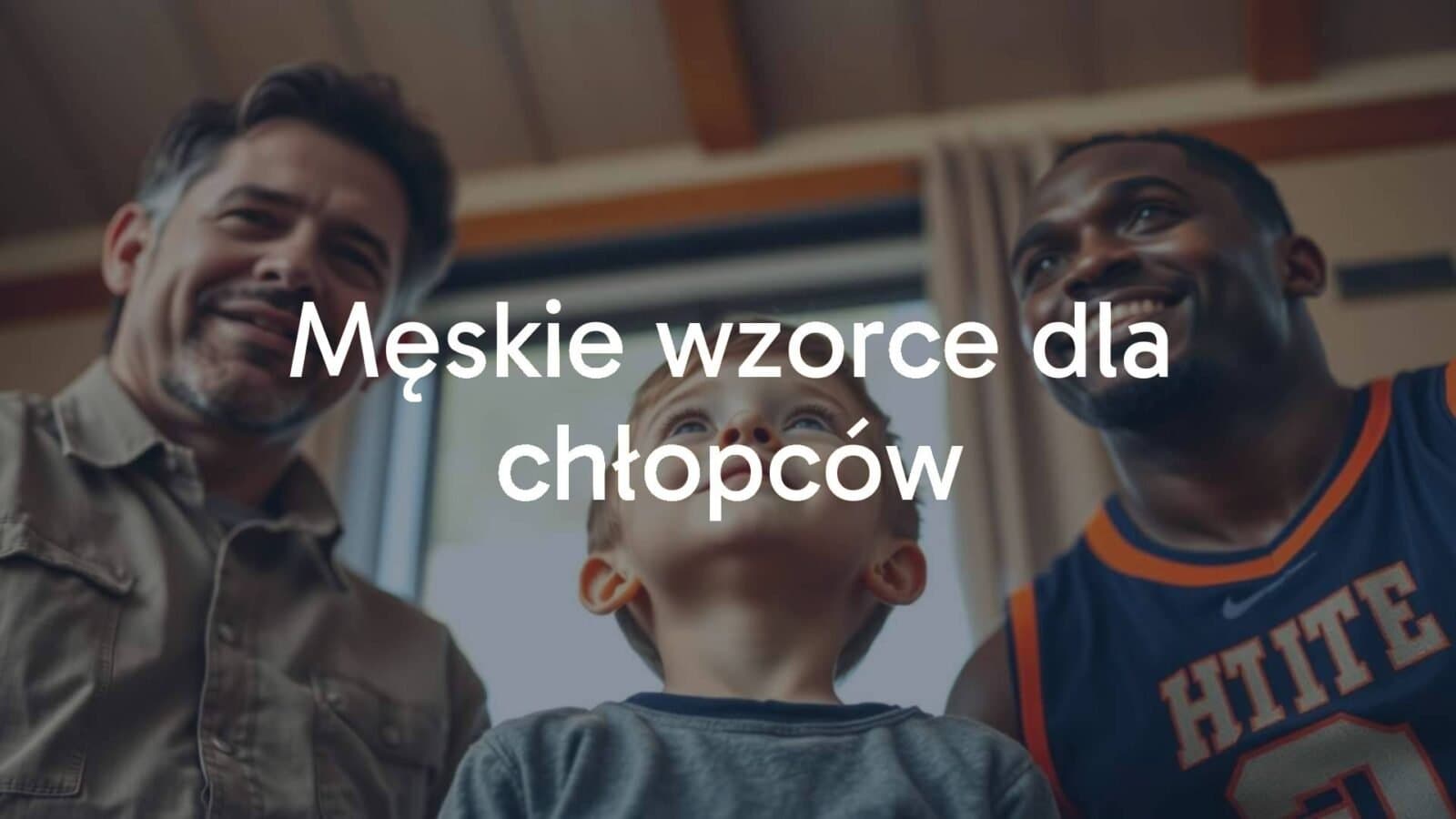 A young boy looking up to diverse male role models, including a father figure, a teacher, and an athlete, in a warm, inspirational setting, realistic.