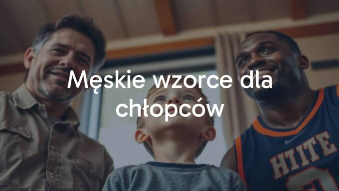 A young boy looking up to diverse male role models, including a father figure, a teacher, and an athlete, in a warm, inspirational setting, realistic.