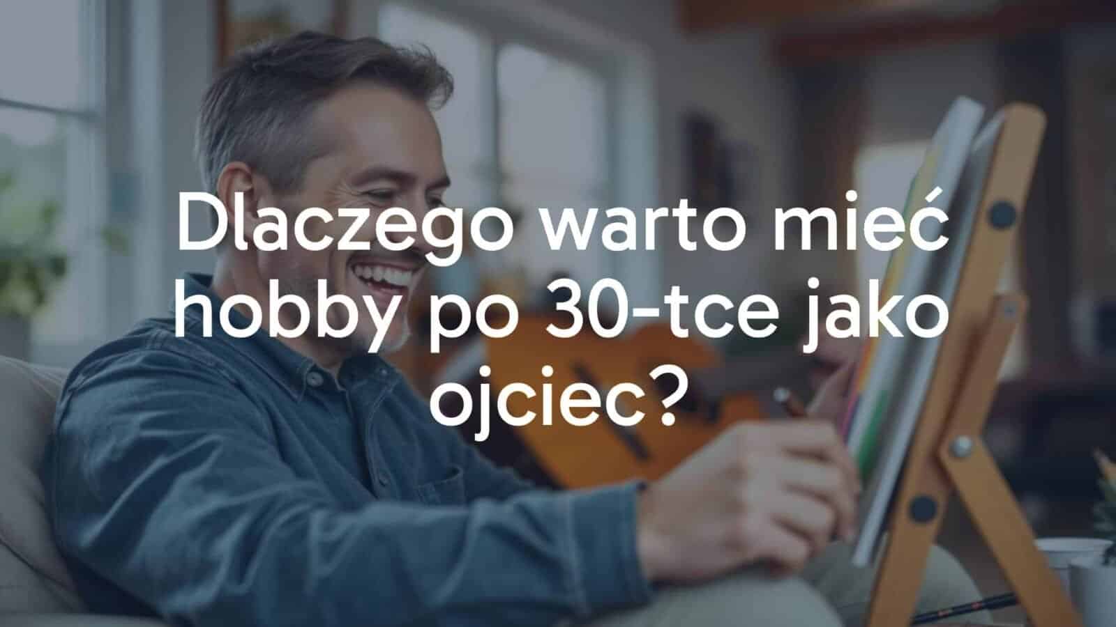 A happy father in his 30s enjoying a hobby, such as painting or playing guitar, in a cozy home setting, natural lighting, realistic.