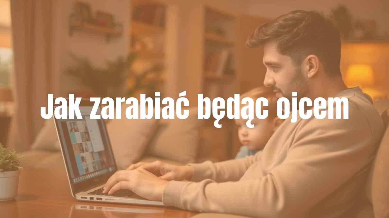 A happy father working on a laptop while playing with his child, cozy home setting, warm lighting, realistic.