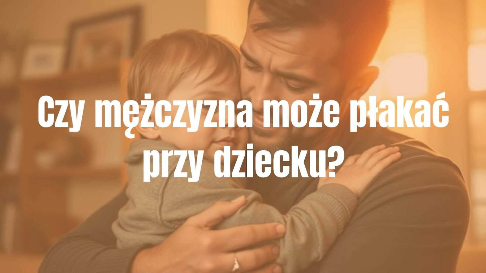 A caring father gently crying while hugging his young child, emotional moment, warm and safe home environment, soft lighting, realistic style.