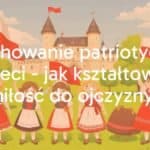 Happy children waving Polish flags, sunny park setting, traditional Polish folk costumes, historic castle in the background, warm patriotic atmosphere, illustrative style.