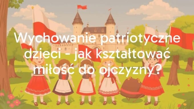 Happy children waving Polish flags, sunny park setting, traditional Polish folk costumes, historic castle in the background, warm patriotic atmosphere, illustrative style.