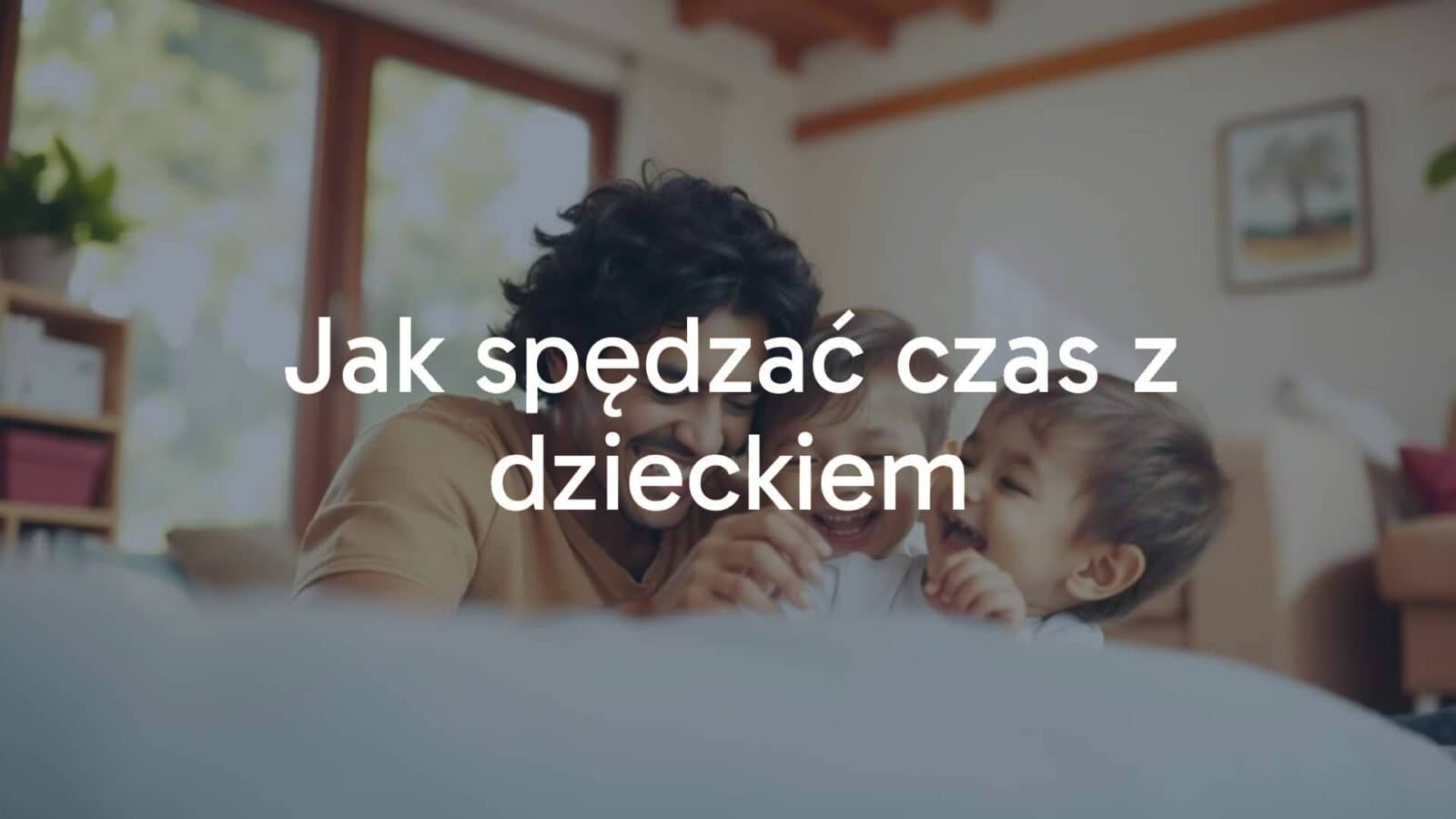 A parent and child playing together in a warm, cozy living room, smiling and laughing, sunlight streaming through the window, realistic and heartwarming.