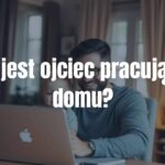 A happy father working from home with his child, cozy home office, warm lighting, realistic.