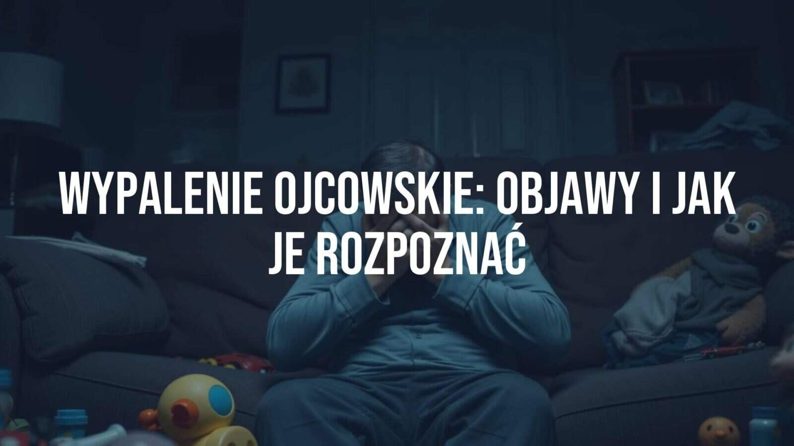 A tired father sitting on a couch, holding his head in his hands, with a chaotic living room and children's toys scattered around, dim lighting, emotional exhaustion, realistic style.