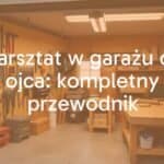 A well-organized garage workshop for a father, filled with tools on a pegboard, a sturdy workbench with woodworking projects, warm lighting, cozy and functional atmosphere, realistic style.