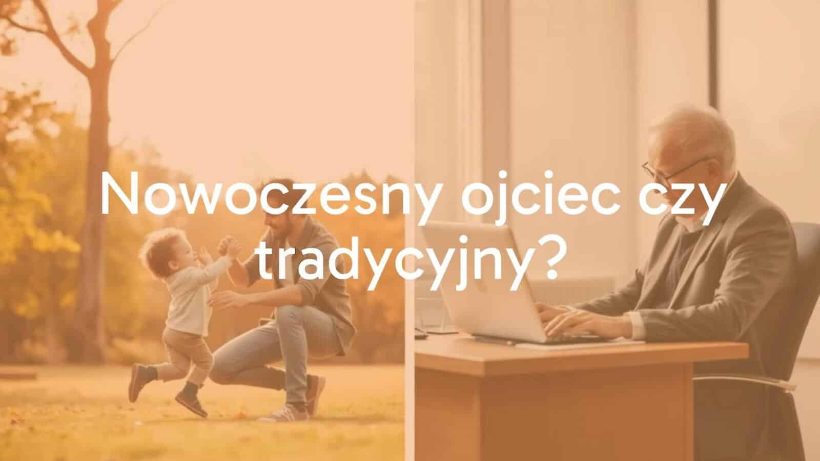 A modern father playing with his child in the park, contrasted with a traditional father working at a desk, warm and neutral tones, realistic style.