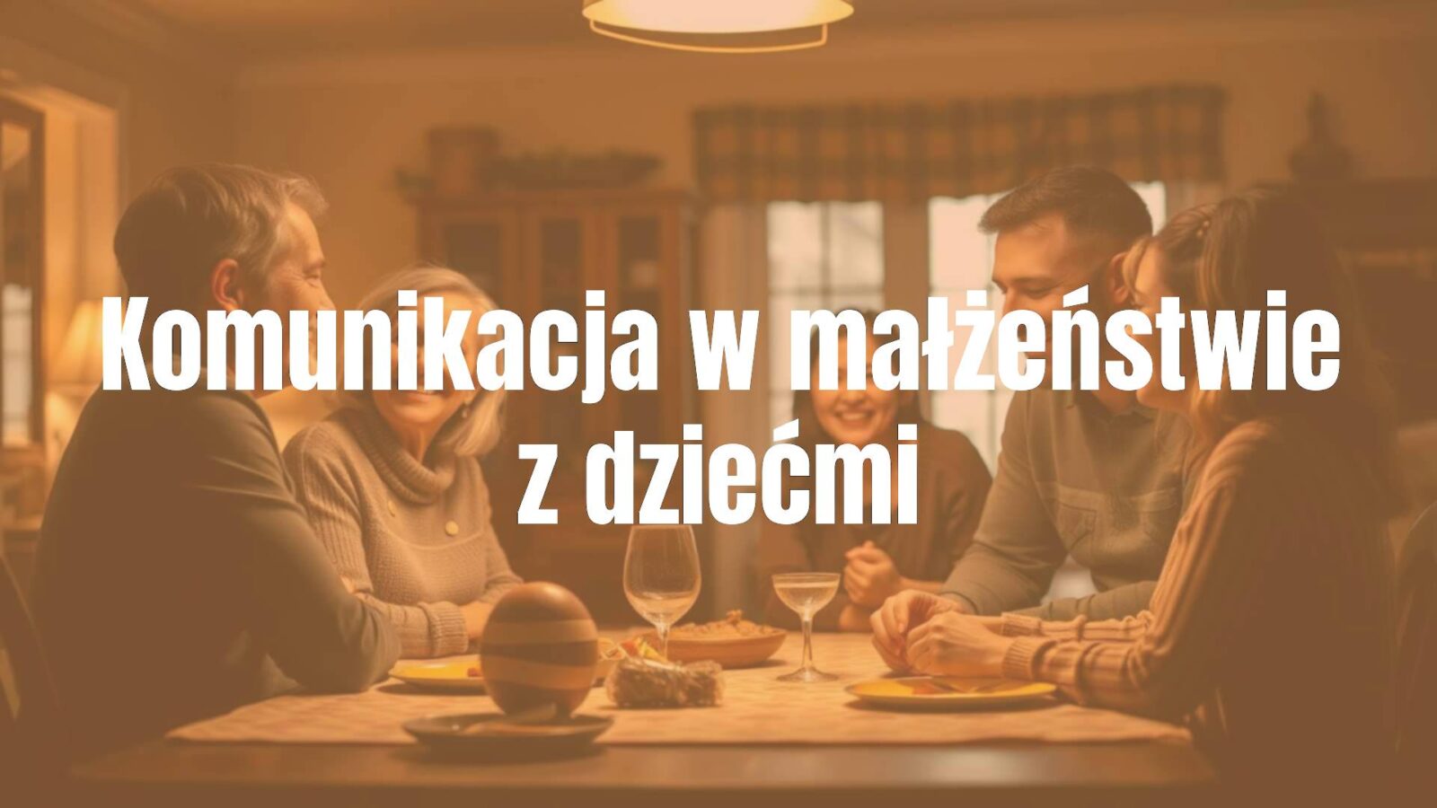 Happy family sitting together at a table, talking and laughing, warm lighting, cozy home atmosphere, realistic style.