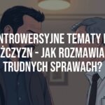 Two men having a serious conversation in a dimly lit room, intense expressions, warm neutral tones, illustrative style.