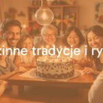 A happy family gathered around a table celebrating a birthday with a homemade cake, warm lighting, children and adults smiling, traditional decorations, cozy and nostalgic atmosphere.