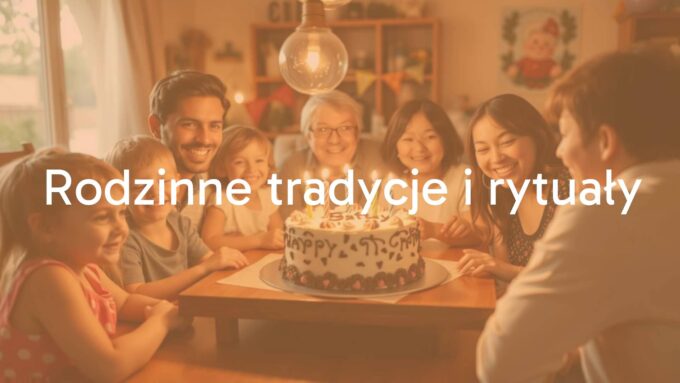 A happy family gathered around a table celebrating a birthday with a homemade cake, warm lighting, children and adults smiling, traditional decorations, cozy and nostalgic atmosphere.