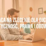 Happy father working on laptop at home with kids playing nearby, cozy home office, natural light, realistic style.