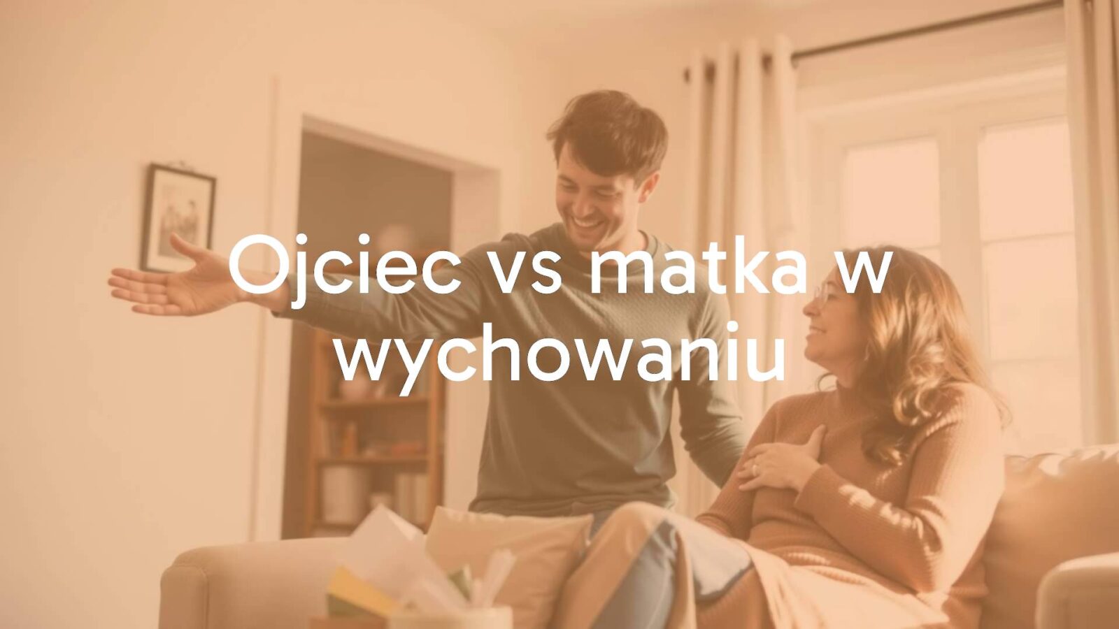 A loving father and mother interacting with their child in a warm home setting, showing different parenting styles. Father teaching boundaries and mother providing comfort, realistic family scene, soft natural lighting.