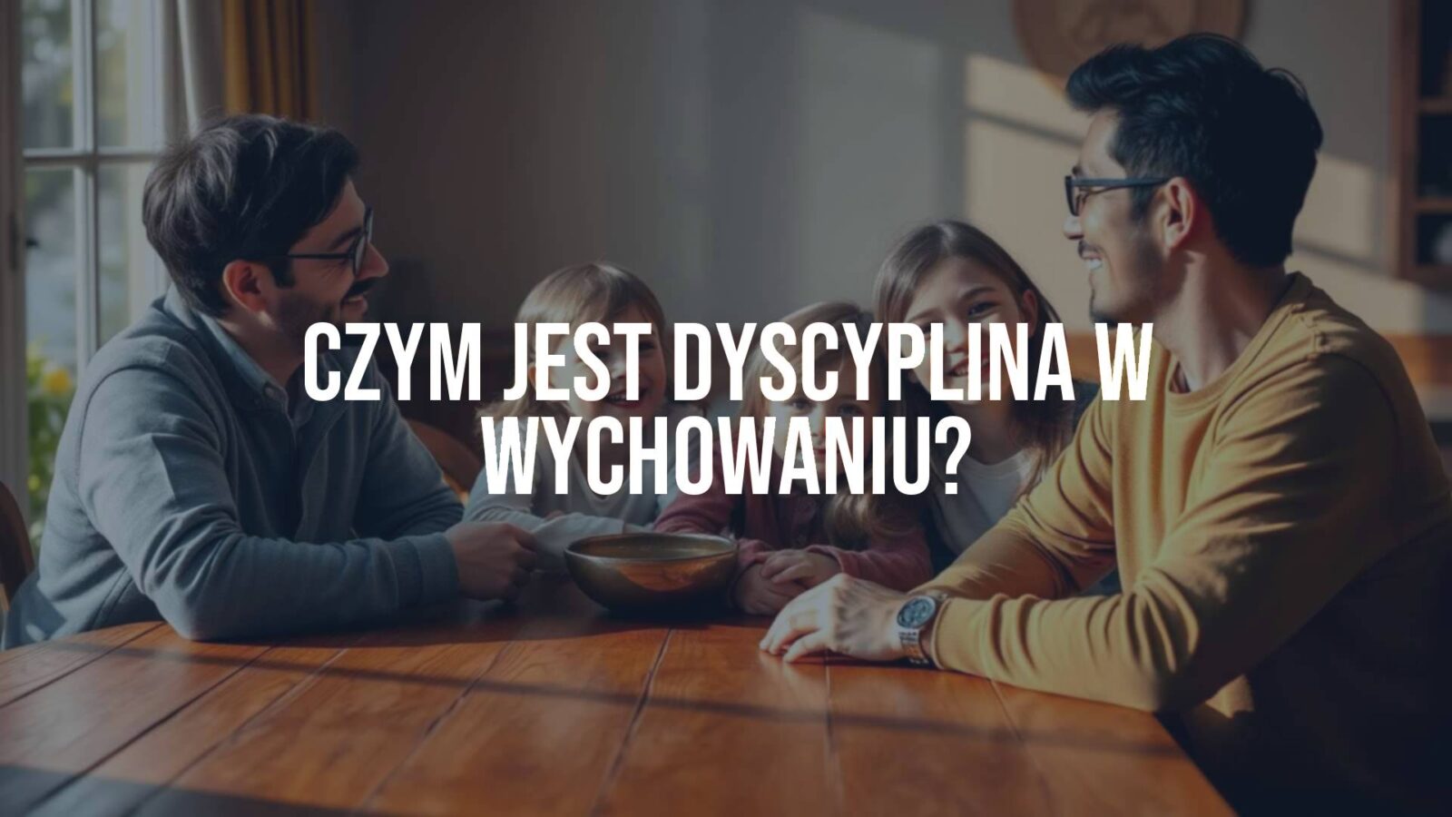 A happy family with parents and children sitting together at a wooden table, engaging in a positive discussion, warm and friendly atmosphere, natural lighting, realistic style.