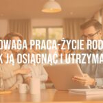 A happy family and a professional working together, balanced lifestyle, modern home office with cozy elements, warm lighting, realistic.