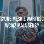 A strong, thoughtful man standing firm in a modern, fast-paced city, traditional values symbolized by a solid rock or compass in his hand, realistic.