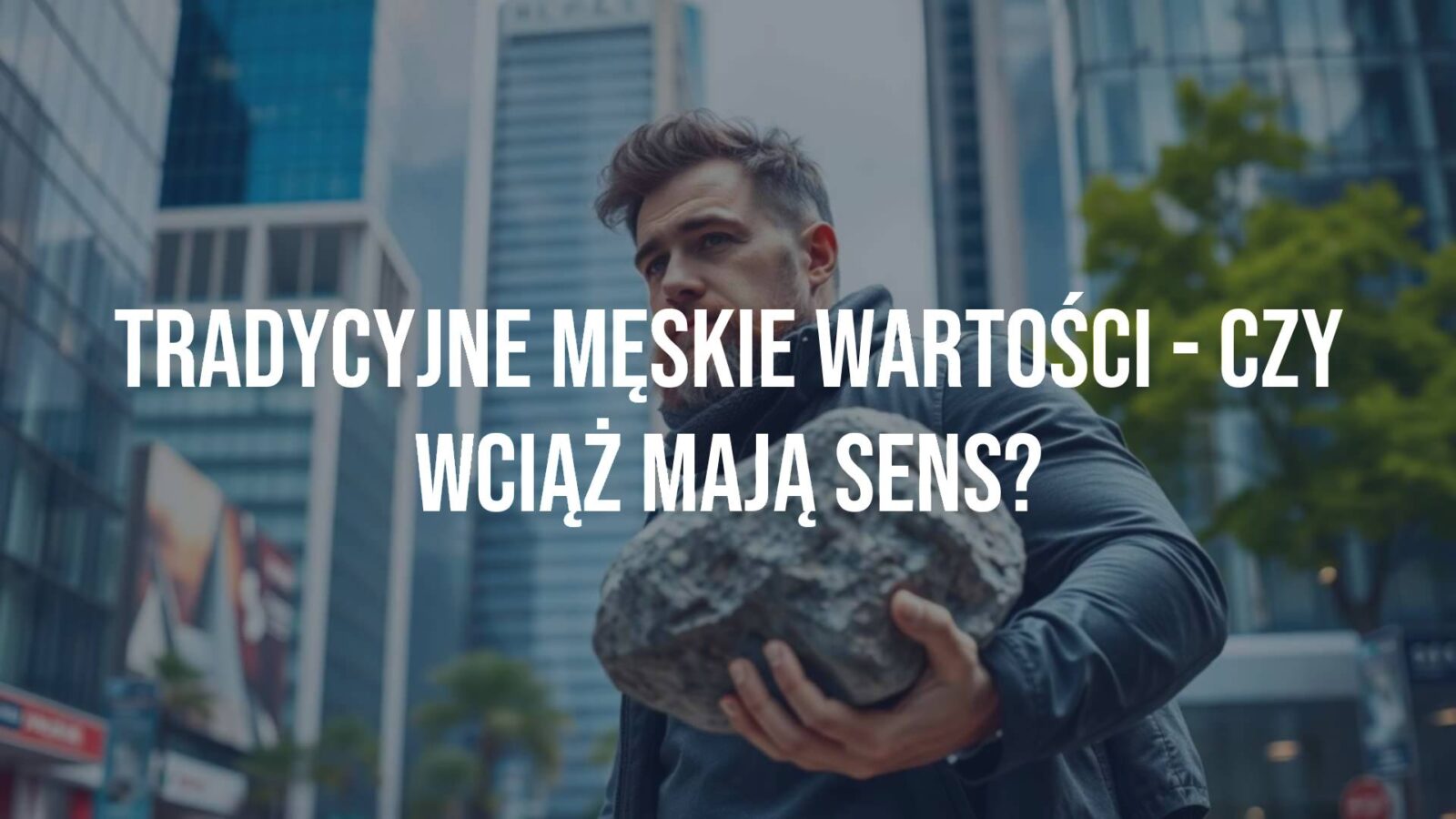 A strong, thoughtful man standing firm in a modern, fast-paced city, traditional values symbolized by a solid rock or compass in his hand, realistic.